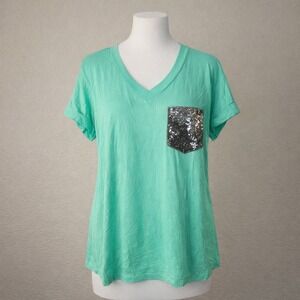 Honeyme Women's V-Neck Green Sequin Pocket T-Shirt Size S